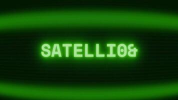 Old green CRT screen showing text SATELLITE appearing in random glitch and coding style video