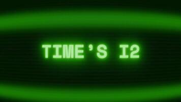Old green CRT screen showing text TIME S UP appearing in random glitch and coding style video