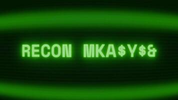 gammal grön crt skärm som visar text recon uppdrag visas i slumpmässig tekniskt fel och kodning stil video
