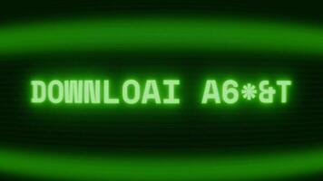 Old green CRT screen showing text DOWNLOAD START appearing in random glitch and coding style video