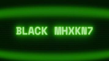 Old green CRT screen showing text BLACK MARKET appearing in random glitch and coding style video