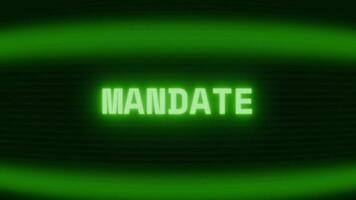 Old green TV screen showing text MANDATE appearing in random glitch and coding style video
