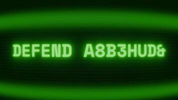 gammal grön crt skärm som visar text försvara placera visas i slumpmässig tekniskt fel och kodning stil video