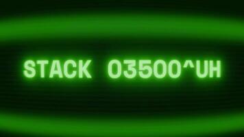 Old green CRT screen showing text STACK OVERFLOW appearing in random glitch and coding style video