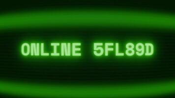 Old green CRT screen showing text ONLINE STATUS appearing in random glitch and coding style video