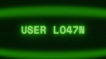 Old green CRT screen showing text USER LOGIN appearing in random glitch and coding style video