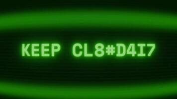 Old green CRT screen showing text KEEP CLIMBING appearing in random glitch and coding style video