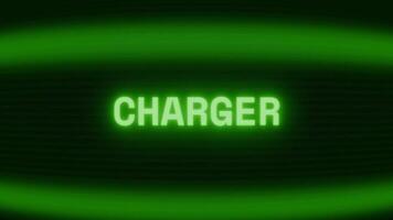 Old green CRT screen showing text CHARGER appearing in random glitch and coding style video