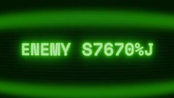 Old green CRT screen showing text ENEMY SPOTTED appearing in random glitch and coding style video