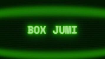 Old green CRT screen showing text BOX JUMP appearing in random glitch and coding style video
