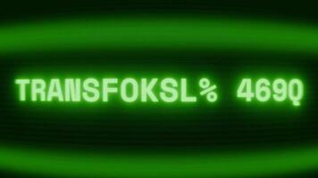 Old green CRT screen showing text TRANSFORMER FAIL appearing in random glitch and coding style video