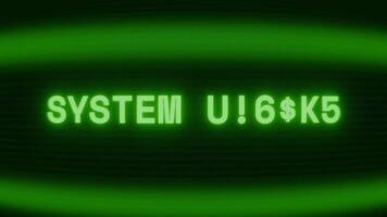 Old green CRT screen showing text SYSTEM NOTICE appearing in random glitch and coding style video