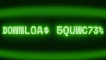 Old green CRT screen showing text DOWNLOAD COMPLETE appearing in random glitch and coding style video