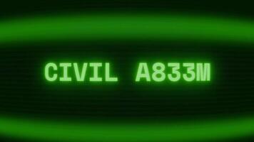 Old green CRT screen showing text CIVIL ALERT appearing in random glitch and coding style video