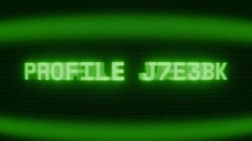 Old green CRT screen showing text PROFILE UPDATE appearing in random glitch and coding style video