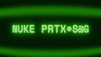 Old green CRT screen showing text NUKE PROTOCOL appearing in random glitch and coding style video