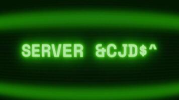 Old green TV screen showing text SERVER BREACH appearing in random glitch and coding style video