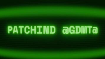 Old green CRT screen showing text PATCHING SYSTEM appearing in random glitch and coding style video