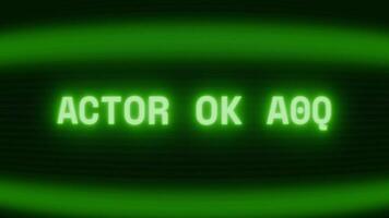 gammal grön crt skärm som visar text skådespelare på uppsättning visas i slumpmässig tekniskt fel och kodning stil video