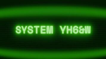 Old green CRT screen showing text SYSTEM PATCH appearing in random glitch and coding style video