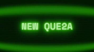 Old green CRT screen showing text NEW QUEST appearing in random glitch and coding style video