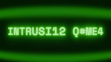 Old green CRT screen showing text INTRUSION ALERT appearing in random glitch and coding style video