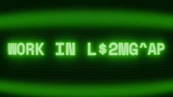 Old green CRT screen showing text WORK IN PROGRESS appearing in random glitch and coding style video