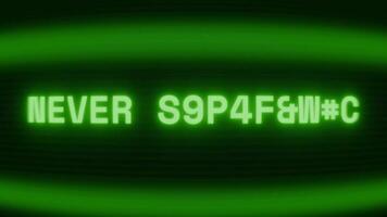 oud groen crt scherm tonen tekst nooit overgave verschijnen in willekeurig glitch en codering stijl video