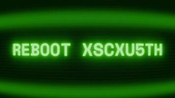 Old green CRT screen showing text REBOOT REQUIRED appearing in random glitch and coding style video