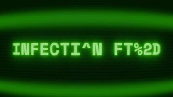 gammal grön crt skärm som visar text infektion varna visas i slumpmässig tekniskt fel och kodning stil video