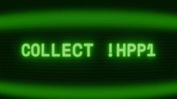 Old green CRT screen showing text COLLECT COINS appearing in random glitch and coding style video