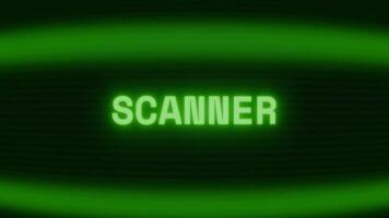 Old green CRT screen showing text SCANNER appearing in random glitch and coding style video