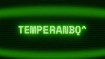 Old green CRT screen showing text TEMPERATURE appearing in random glitch and coding style video