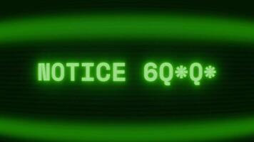 Old green CRT screen showing text NOTICE BOARD appearing in random glitch and coding style video