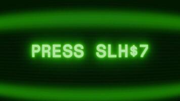 Old green CRT screen showing text PRESS START appearing in random glitch and coding style video