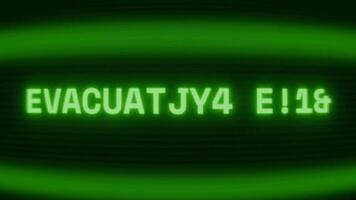 gammal grön crt skärm som visar text evakuering planen visas i slumpmässig tekniskt fel och kodning stil video