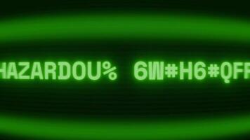 Old green CRT screen showing text HAZARDOUS MATERIAL appearing in random glitch and coding style video