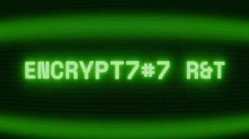 Old green CRT screen showing text ENCRYPTION OFF appearing in random glitch and coding style video