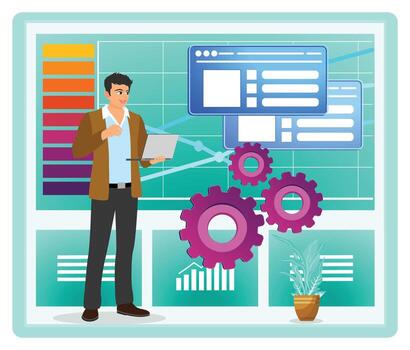 Businessman working with data analysis tools vector