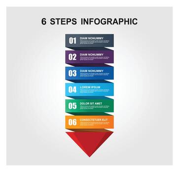 Six Step Infographic With Colorful Arrow Diagram Showing Step By Step Process. vector