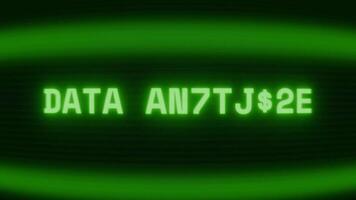 Old green CRT screen showing text DATA ANALYSIS appearing in random glitch and coding style video