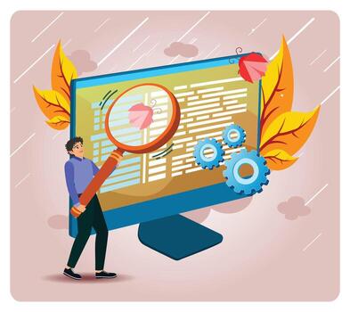 software pruebas concepto. datos análisis experto examina computadora pantalla con aumentador vaso. vector