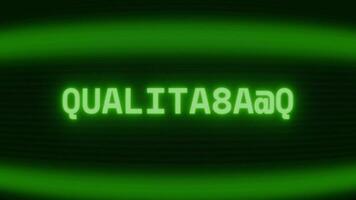 Old green CRT screen showing text QUALITATIVE appearing in random glitch and coding style video