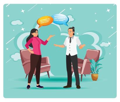 social habilidades entrenador concepto. simpático conversacion Entre colegas en moderno salón ajuste. vector