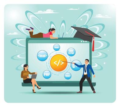 Students learning programming on a computer vector