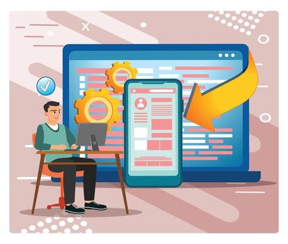 cruzar plataforma software concepto. tecnología desarrollador trabajando en código con computadora portátil, inteligente teléfono, y engranaje. vector