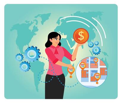 Woman holding dollar symbol over map vector