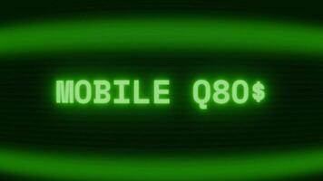 Old green CRT screen showing text MOBILE BANK appearing in random glitch and coding style video