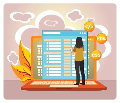 web desarrollo concepto. hembra descifrador trabajando en código escritorio con html vector