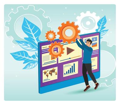 Man interacting with digital gears and visuals vector